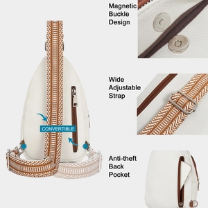 Cream PU leather sling bag for women with wide geometric strap and anti-theft back pocket