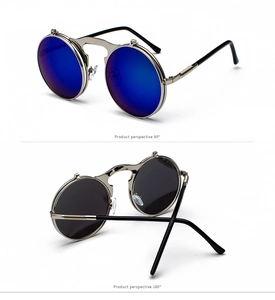 Detail view of steampunk round flip-up sunglasses with silver metal frame and blue lenses