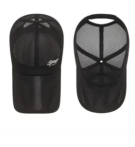 Detail view of breathable black mesh baseball cap showing top and inner structure