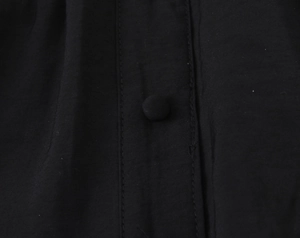 Gros plan sur un bouton recouvert de tissu et texture tissée d'un chemisier vintage noir