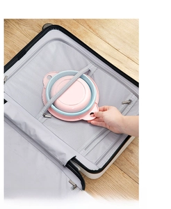 Small portable folding basin fits in luggage mesh bag for convenient travel storage