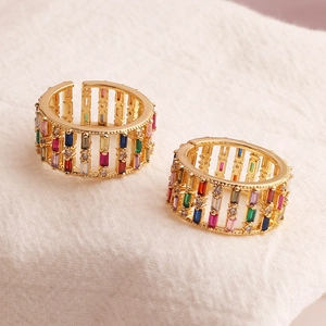 Wide gold open ring featuring multi-colored rectangular zircon stones in a ladder design