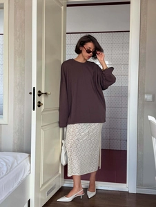 Women Long Sleeve Knitted T-Shirt Cotton Round Neck Solid Color Brown Oversized Casual Autumn Top Relaxed Fit Streetwear