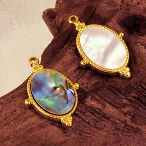 Oval 304 stainless steel pendant featuring iridescent abalone and white shell in gold finish