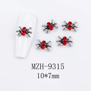 Gothic 3D spider nail charms with red rhinestones and alloy base, size 10x7mm