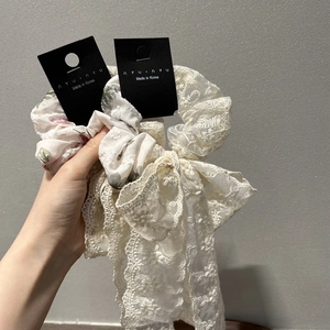 French Style Lace Floral Scrunchie With Detachable Bow Streamer Embroidered Chiffon Hair Tie For Women Girls