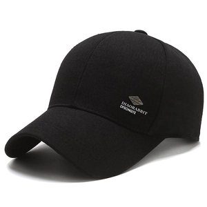 Classic black baseball cap for middle-aged men with white printed text and metal logo