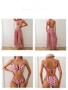 Three-piece bikini set with high-slit skirt featuring pink black tie-dye patterns