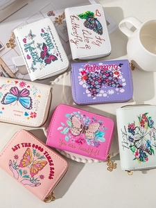 Butterfly Print PU Leather Mini Wallet For Women Clover Zipper Pull Accordion Card Holder Small Coin Purse