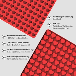 Macro detail of red heart-shaped silicone mold showing professional non-stick texture