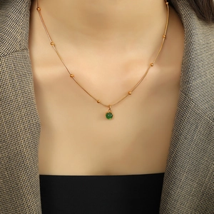 French vintage green glass stone pendant on 18k gold plated titanium beaded chain necklace