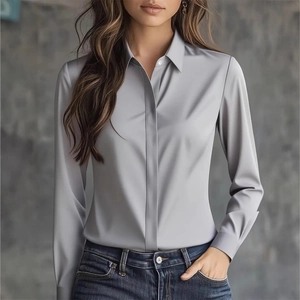 Elegant dark grey satin long sleeve shirt for women with silk-like glossy finish