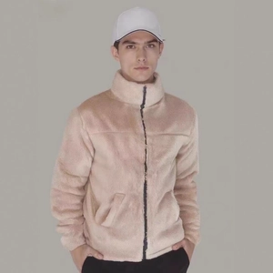 Men's slim fit polar fleece jacket with stand collar and zipper in beige apricot color