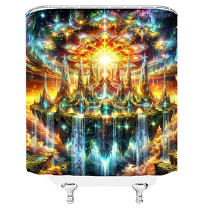 Detail of 3D shower curtain featuring a floating island, waterfall, and nebula space art