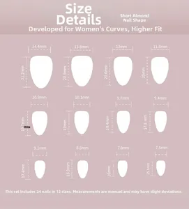 Detailed size chart for short almond press-on nails with 12 sizes and 24 pieces