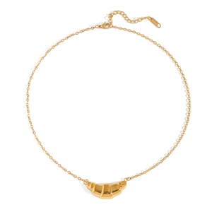 Macro shot of gold croissant pendant necklace showing S.STEEL material tag and link chain