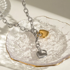 Elegante Edelstahl-Halskette mit zwei Herzanhängern in Gold und Silber an einer massiven O-Kette
