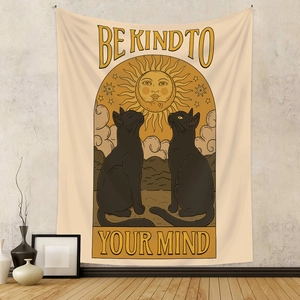 Retro boho tapestry with black cats and sun motif, 'Be Kind To Your Mind' typography