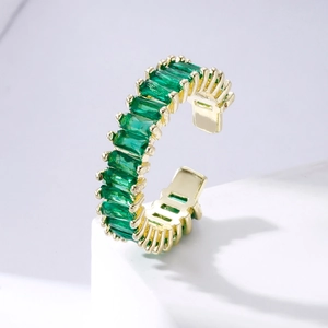 Adjustable gold open ring featuring emerald-cut green cubic zirconia stones for women