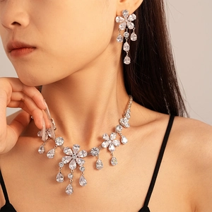Flower Waterdrop Tassel Zircon Copper Necklace And Earrings With Silver Earring Post For Wedding Banquet Elegant