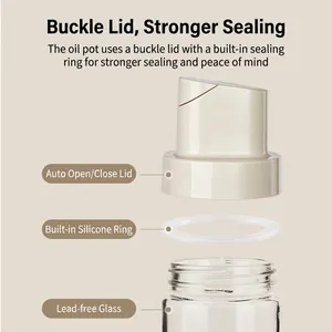 Leak-proof glass oil dispenser with automatic flip lid and silicone seal for kitchen