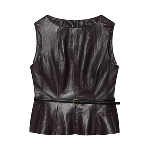 Haut sans manches pour femmes en similicuir marron foncé avec ourlet à volants et ceinture
