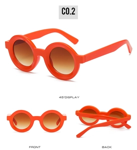 Three views of round orange sunglasses with brown gradient lenses in a vintage style