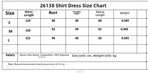 Detaillierte Größentabelle für das gestreifte Hemdkleid mit Längen- und Brustmaßen