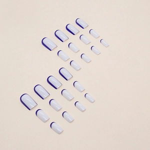 Medium-long Morandi white and navy blue French tip press-on nails set with glossy finish