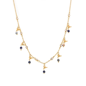 Lapis lazuli and bird charm stainless steel necklace with sparkling zircon accents