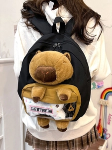 Cute Capybara plush backpack for women featuring a black body and yellow front pocket