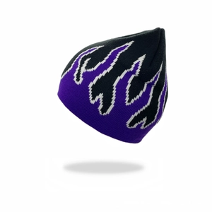 Close-up of the purple flame jacquard pattern on a black knitted beanie hat