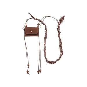 Vintage brown suede neck pouch with wooden beads and paisley scarf strap decoration