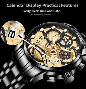Macro view of mechanical watch face with gold skeleton gears and black steel casing