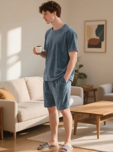 Detailed texture of blue-gray men's lounge set with soft velvet knit fabric