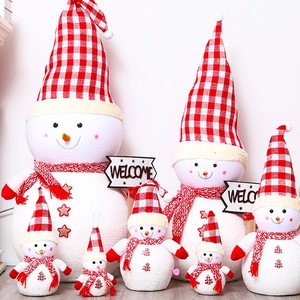 Luminous plush snowman figurines with red plaid hats and welcome sign holiday decor