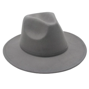 Detailed view of dark grey fedora hat with teardrop crown and decorative band