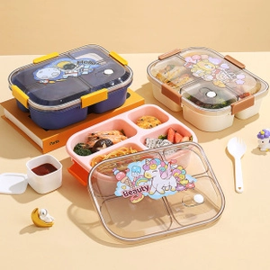 Detail of round bento boxes in navy blue, pink, and beige with secure buckles and air vents