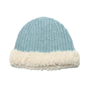 Detailed view of the thick light blue knit texture and white faux fur brim of the bucket hat