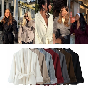 Elegant Women Woolen Coat With Faux Fur Cuffs Tie Waist Belted Long Sleeve Lapel Jacket Stylish Solid Color Winter Outwear