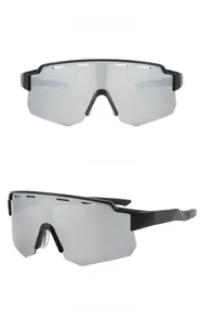 Front and side view of black matte sports cycling sunglasses with silver mirrored lenses
