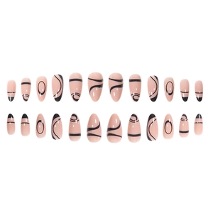 Almond fake nails featuring nude base with black minimalist abstract line art patterns