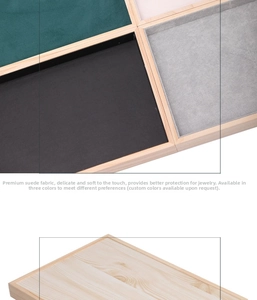 Detail of solid wood jewelry display tray with high quality velvet lining in three colors