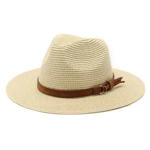 Classic beige woven straw fedora hat with brown suede band and tassel for beach sun protection