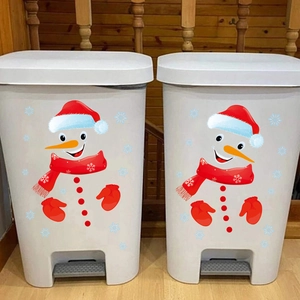 Christmas snowman themed white foot-pedal trash cans for festive holiday home decoration