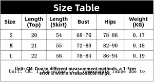 Size chart for summer two-piece halter set with bustier top and drawstring mini skirt