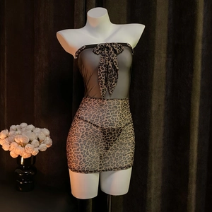 Sexy Leopard Print Mesh Lingerie Set For Women Tube Top Bodycon Dress And Thong Top And Bottom Sexy Nightwear Costume