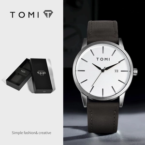 Minimalist quartz watch with matte silver case, grey leather strap and date display
