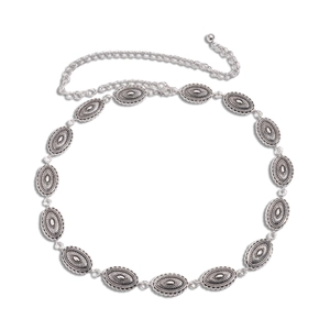 Vintage geometric oval link waist chain in silver finish with sunburst relief pattern