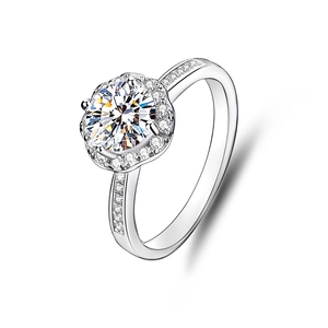 Anello classico in argento S925 con moissanite e un alone brillante a forma di petalo
